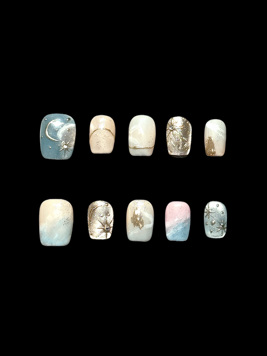 Moonlight Mist – Neutral & Blue Marble Nail Set