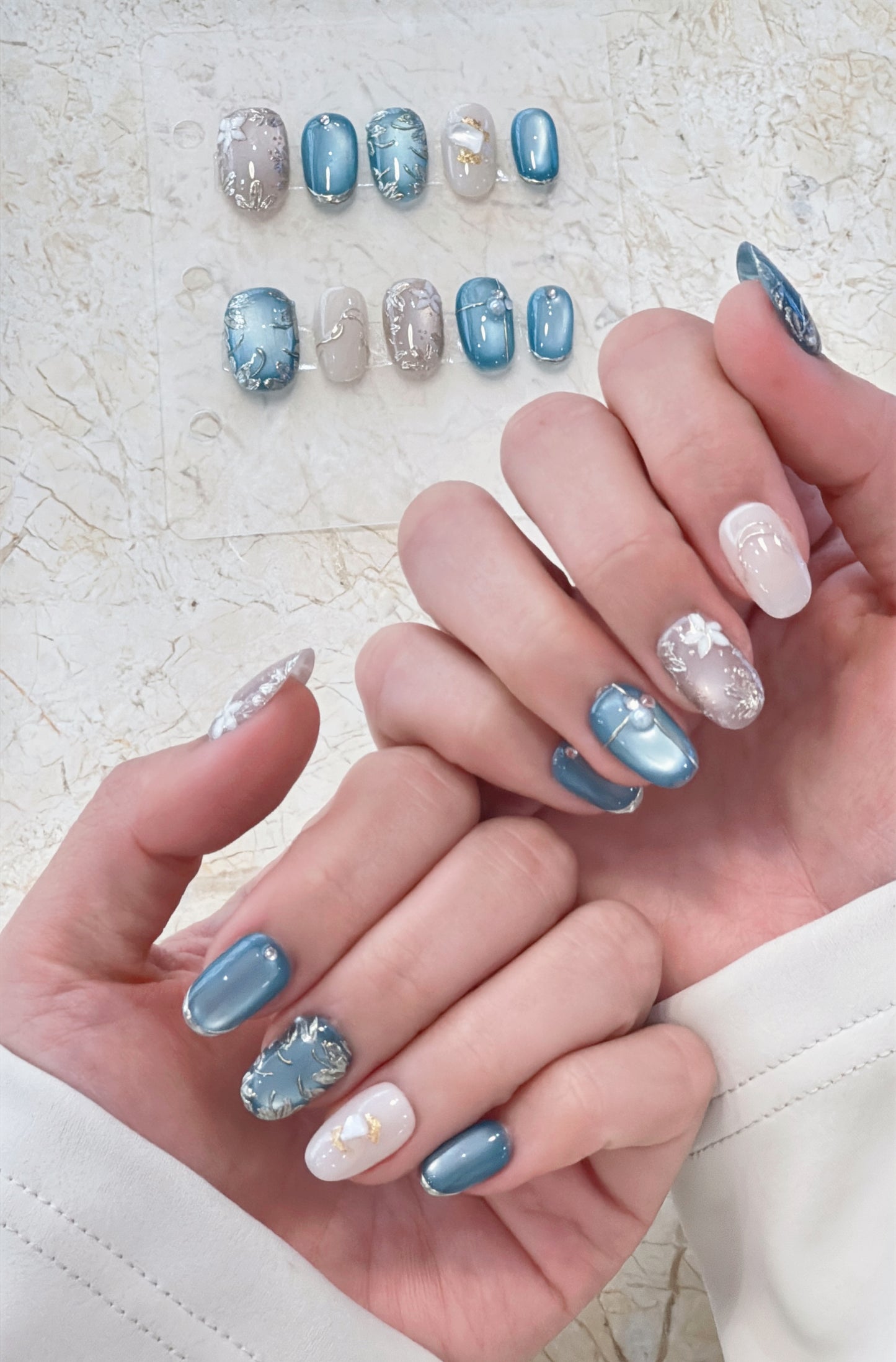 Blue & Nude Hand-Painted Floral Press-On Nails | Elegant Winter Botanical Design