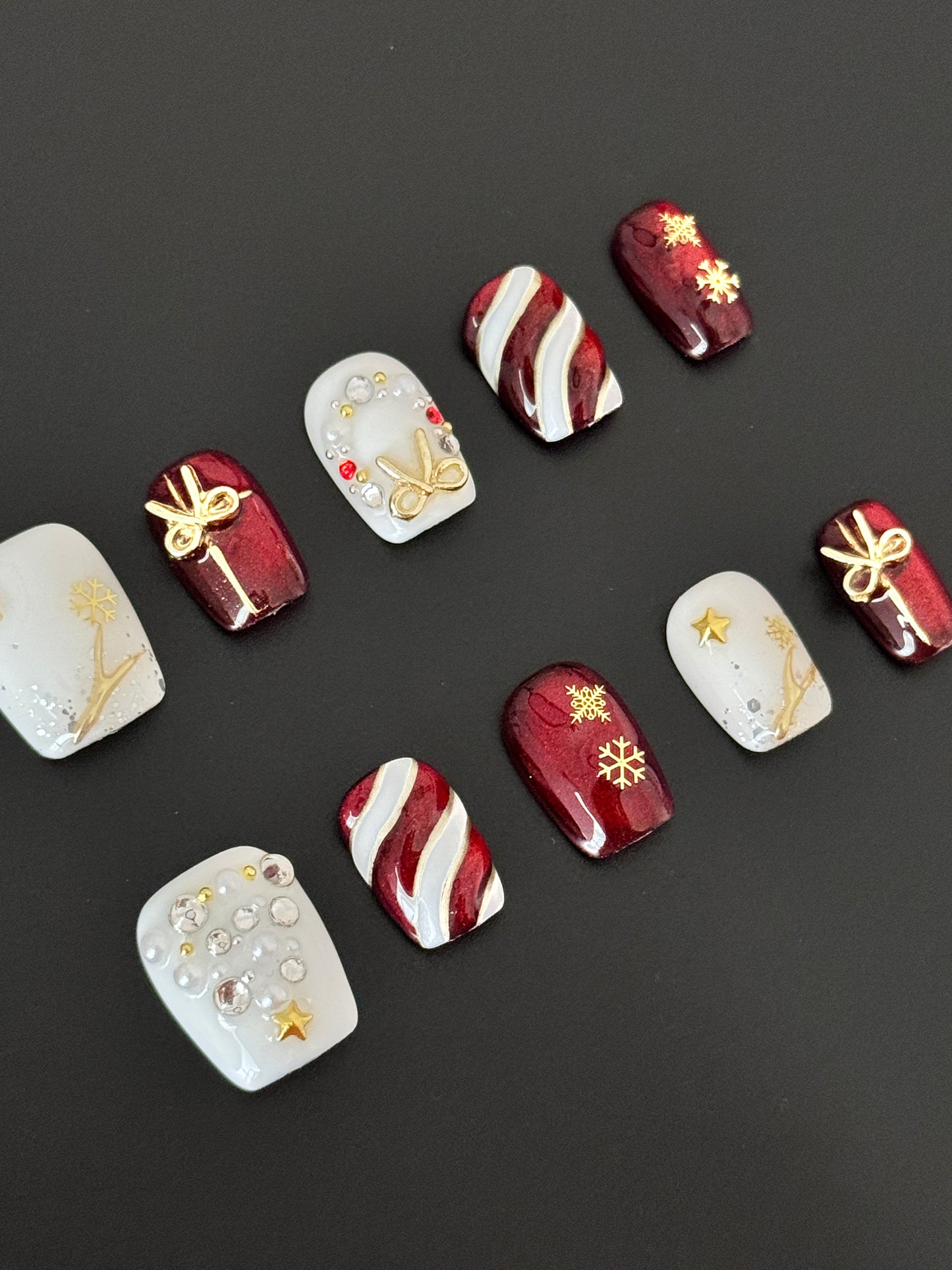 Holiday Red Candy & Snowflake Toe Press-On Nails