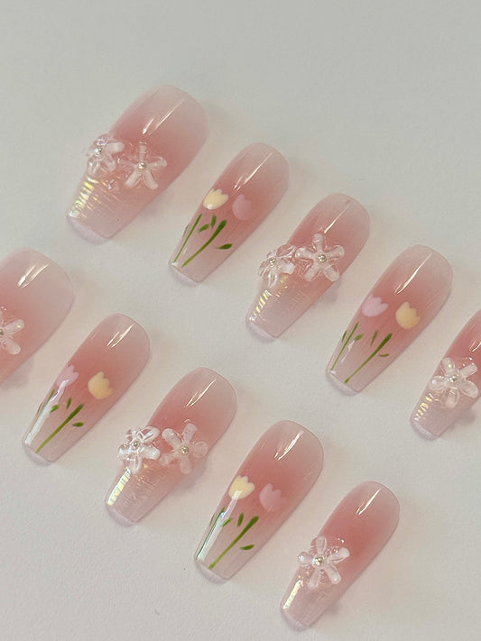 Blush Pink Blossom & 3D Flower Press-On Nails