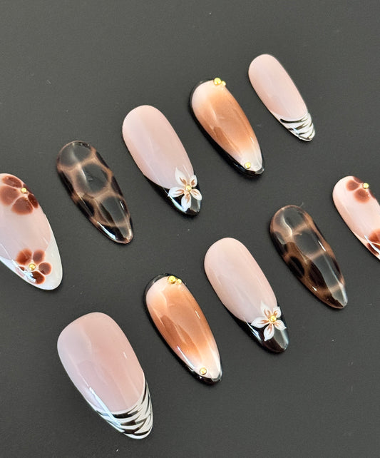 Brown Tortoise & Nude Blossom Press-On Nails