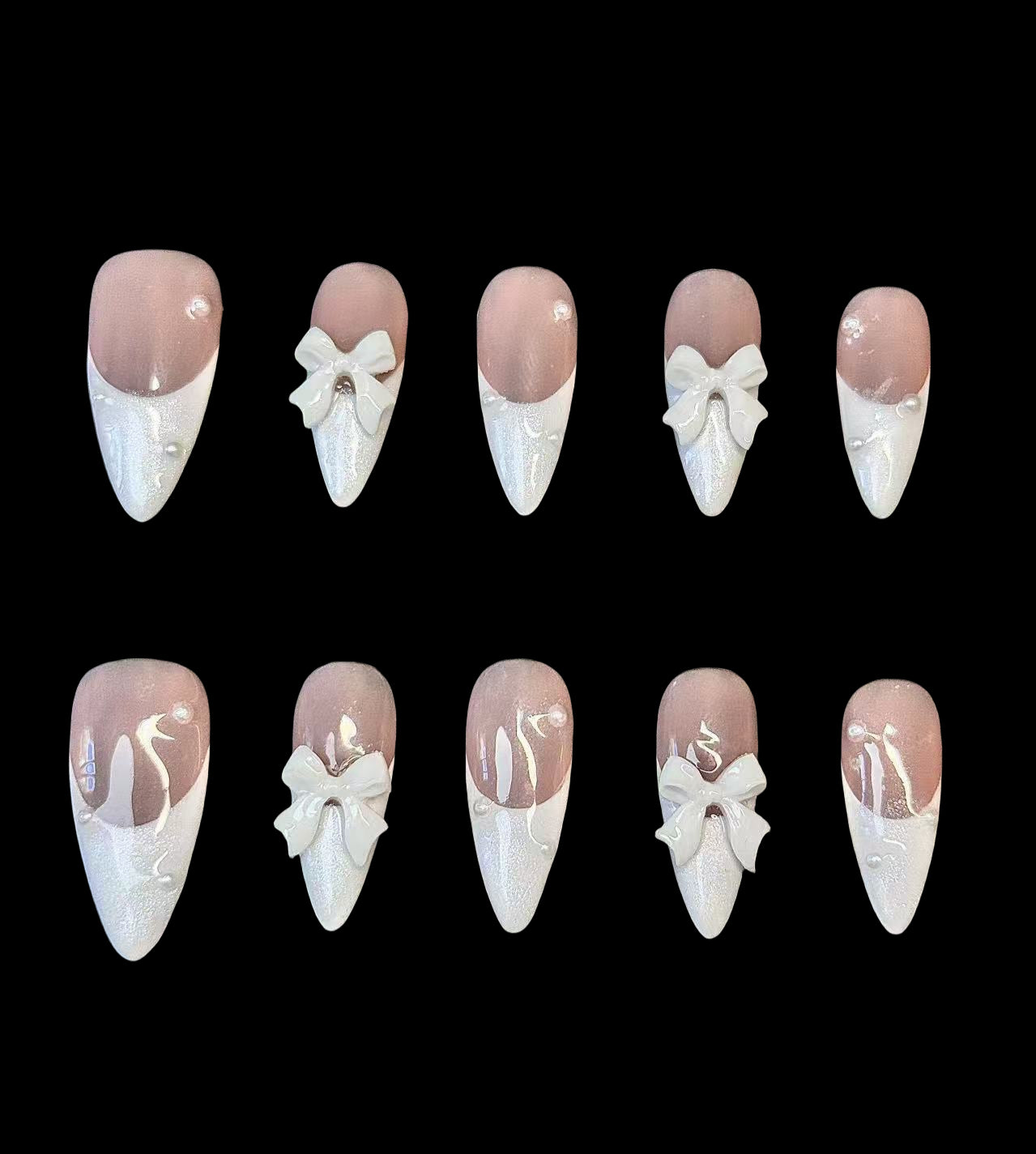 Elegant White French Tip Press-On Nails – Long Almond Shape with Glossy Finish & 3D Bows