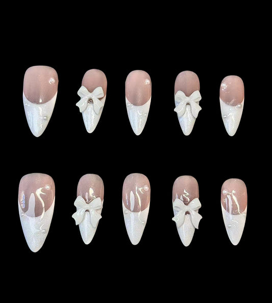 Elegant White French Tip Press-On Nails – Long Almond Shape with Glossy Finish & 3D Bows