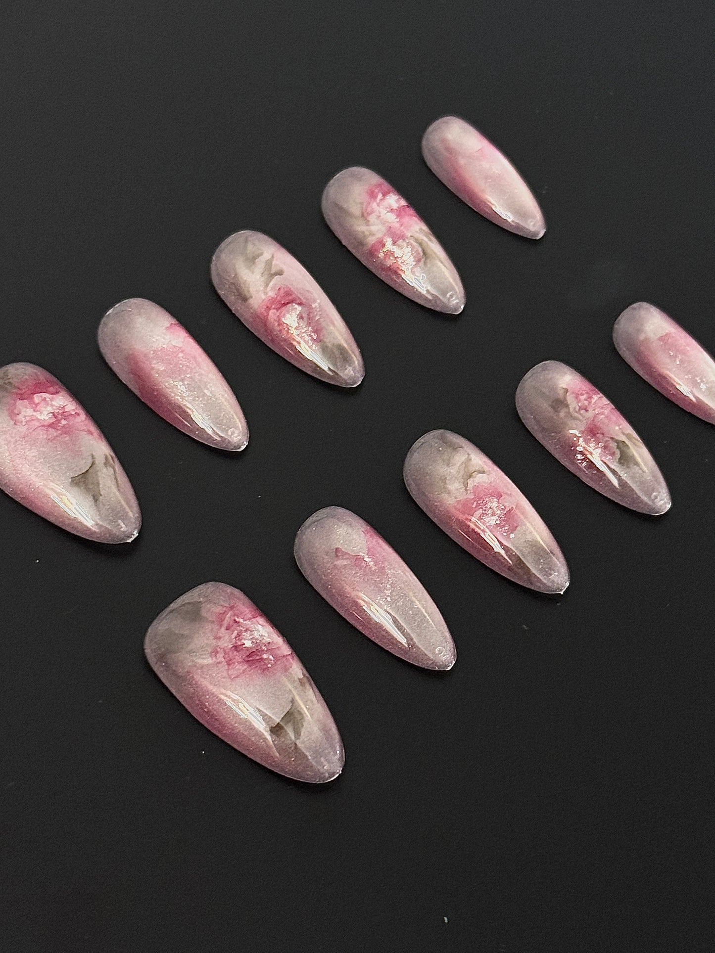 Pink Floral Marble Long Almond Press-On Nails