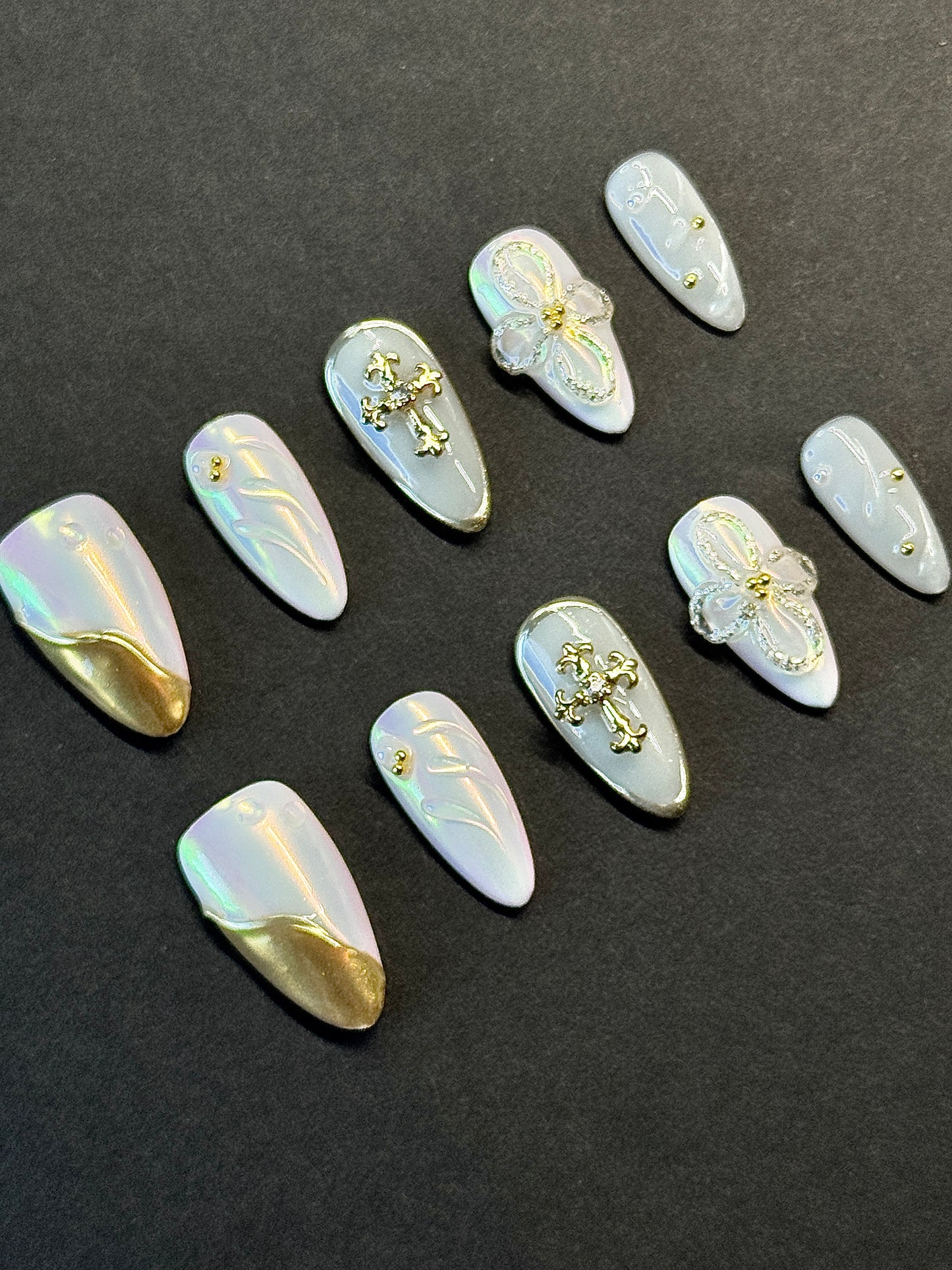 Iridescent Gold Cross & Flower Press-On Nails