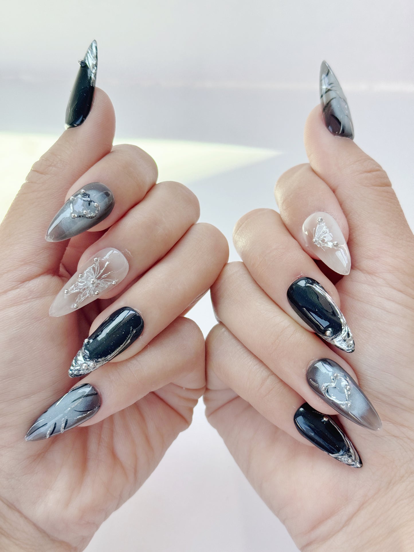 Mystic Butterfly Nail Set | Blue-Grey Gradient with 3D Hearts & Fairy Accents