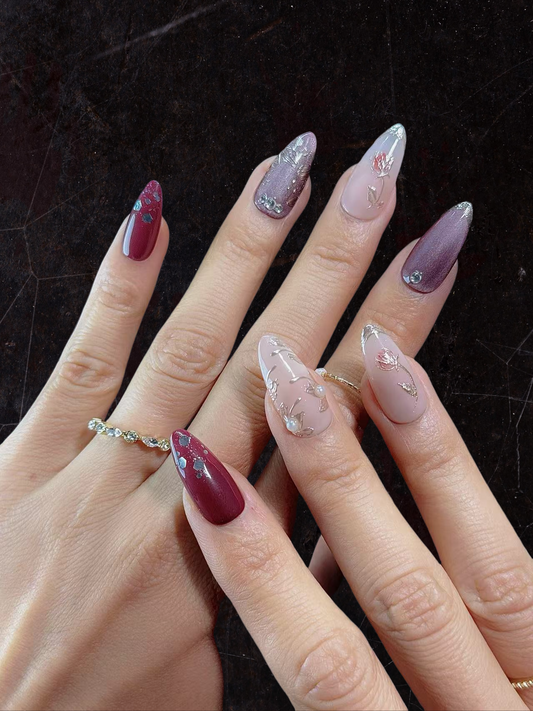 Blossom Elegance – Wine Red & Rose Nude Press-On Nails