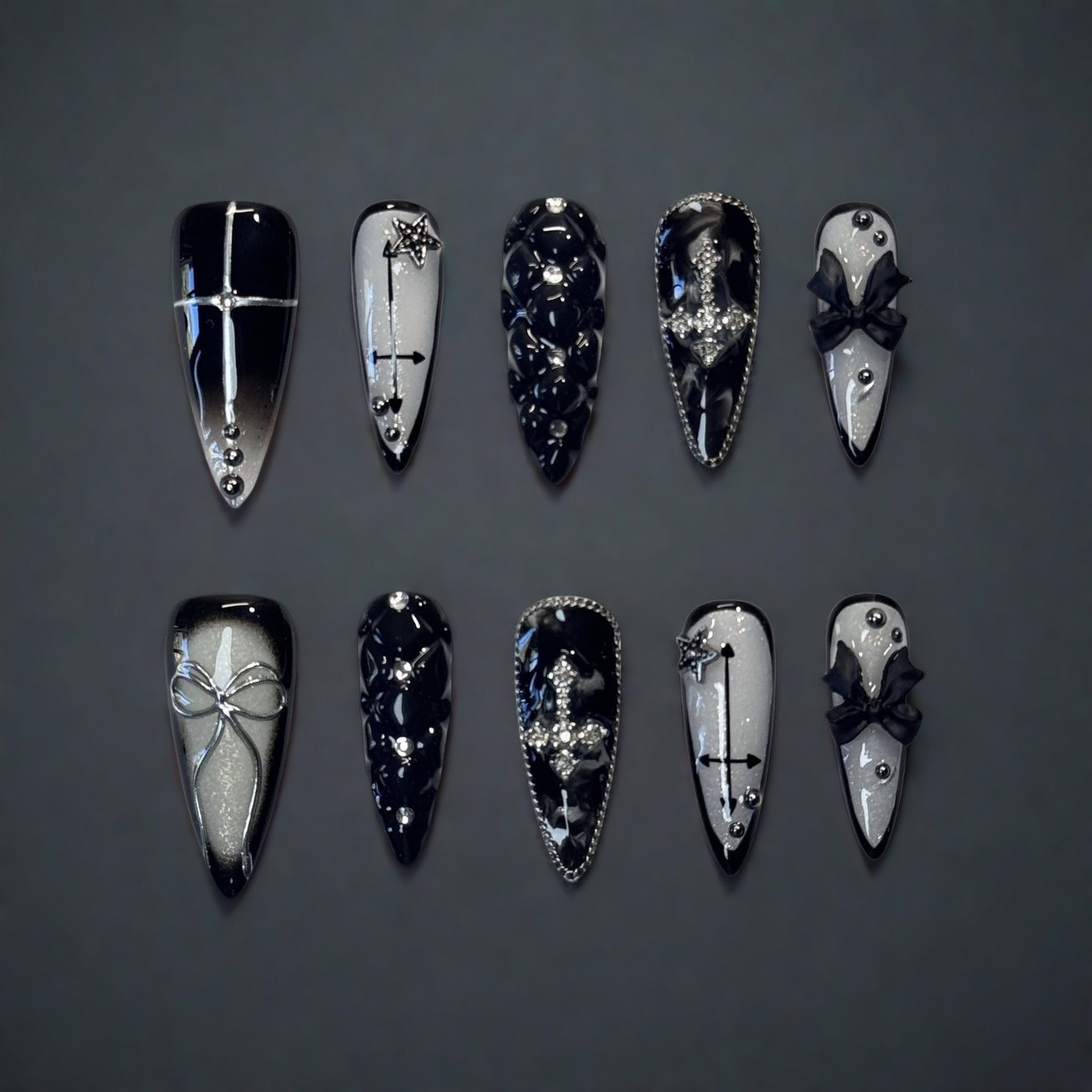 Gothic Doll – Black & White Charm Press-On Nails