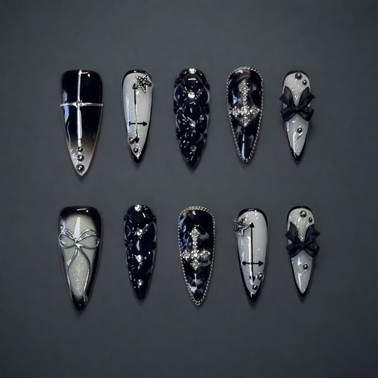 Gothic Doll – Black & White Charm Press-On Nails