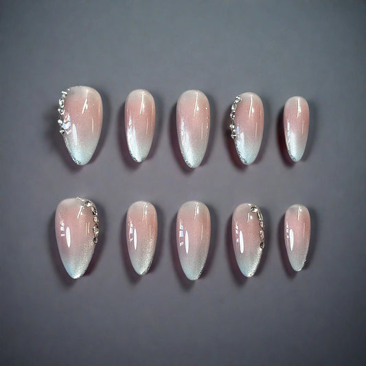 Elegant Cat eye Pink-White Ombre Press-On Nails with Crystal Accents