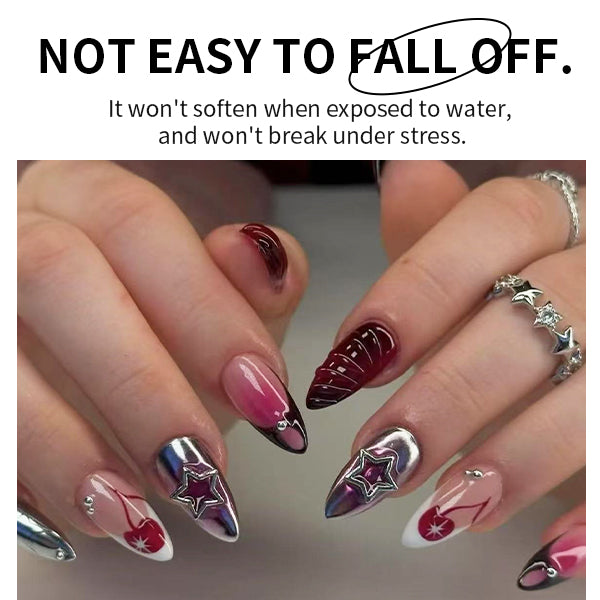 Cherry Bomb Star Nails Set | Red x Silver Metallic with 3D Stars & Hand-Painted Cherries