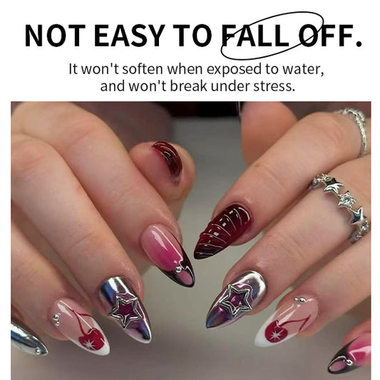 Cherry Bomb Star Nails Set | Red x Silver Metallic with 3D Stars & Hand-Painted Cherries