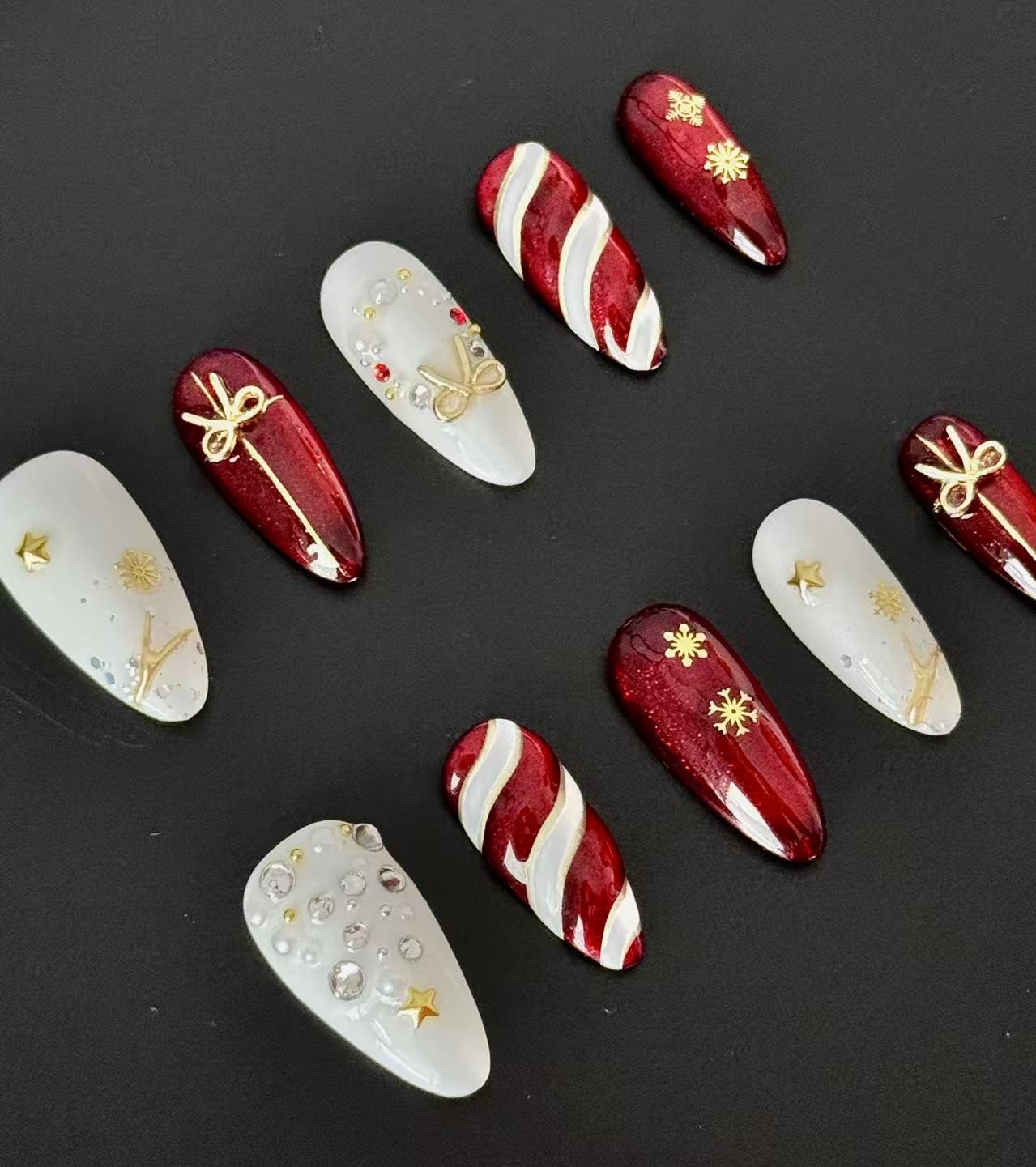 Holiday Red Candy & Snowflake Press-On Nails