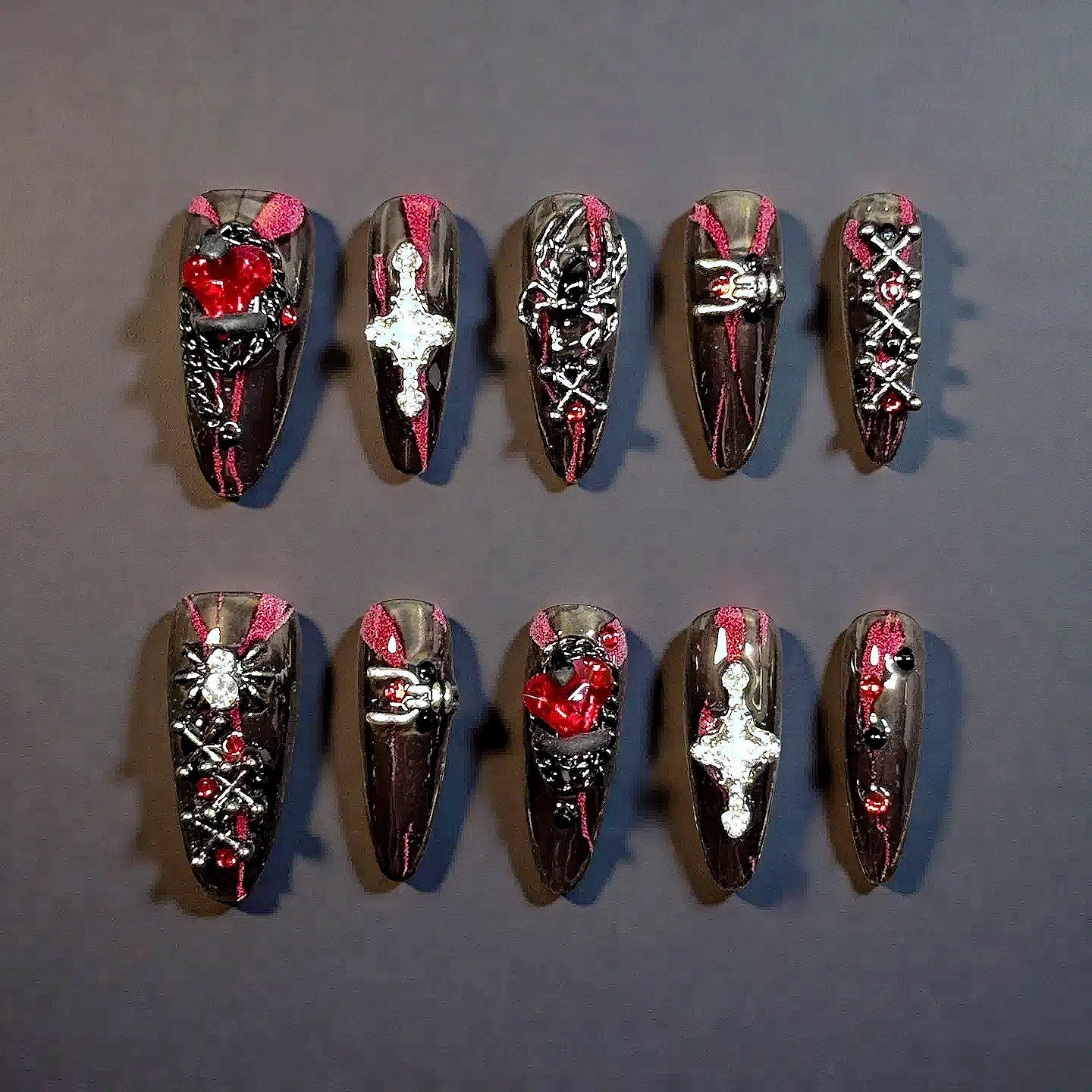 Gothic Red Heart & Cross Press-On Nails