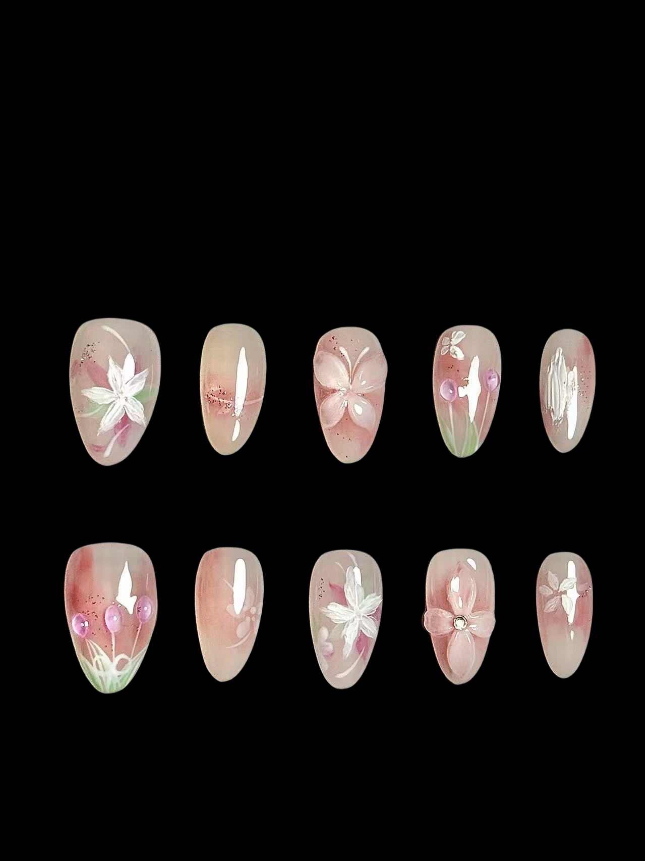 Blossom Garden Hand-Painted Floral Press-On Nails