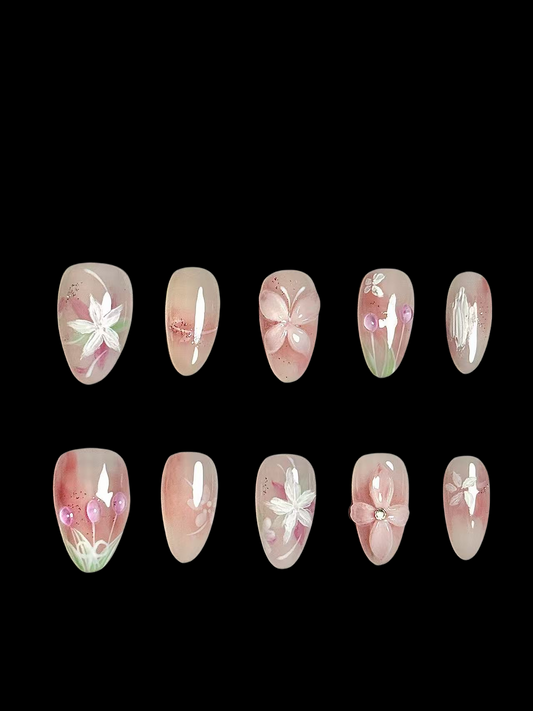 Blossom Garden Hand-Painted Floral Press-On Nails