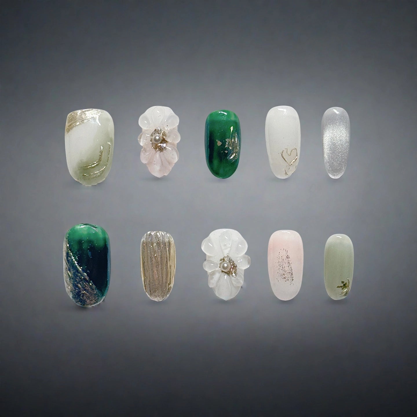 Jade Blossom Harmony – 3D Floral & Green Press-On Nails