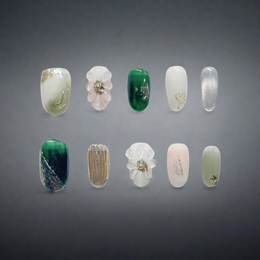 Jade Blossom Harmony – 3D Floral & Green Press-On Nails
