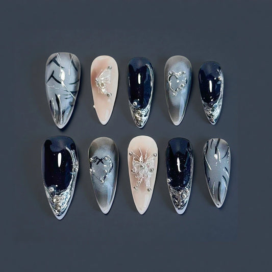 Mystic Butterfly Nail Set | Blue-Grey Gradient with 3D Hearts & Fairy Accents