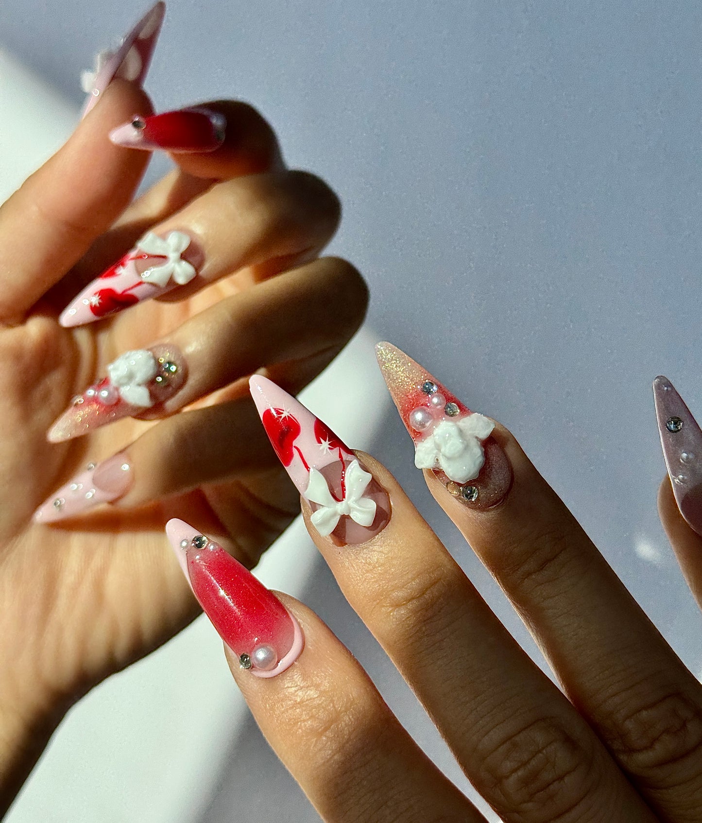 Glazed Cherry Crush Press-On Nails with 3D Bows
