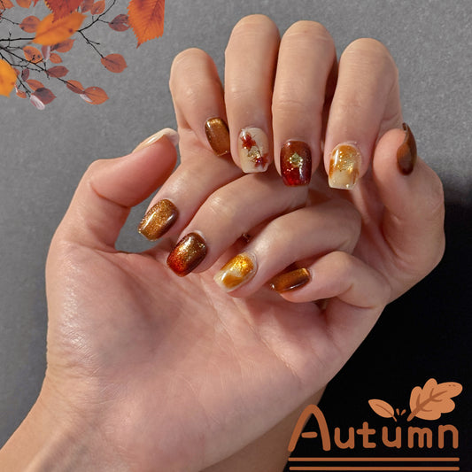 Autumn Glow – Maple Leaf Amber Press-On Nails