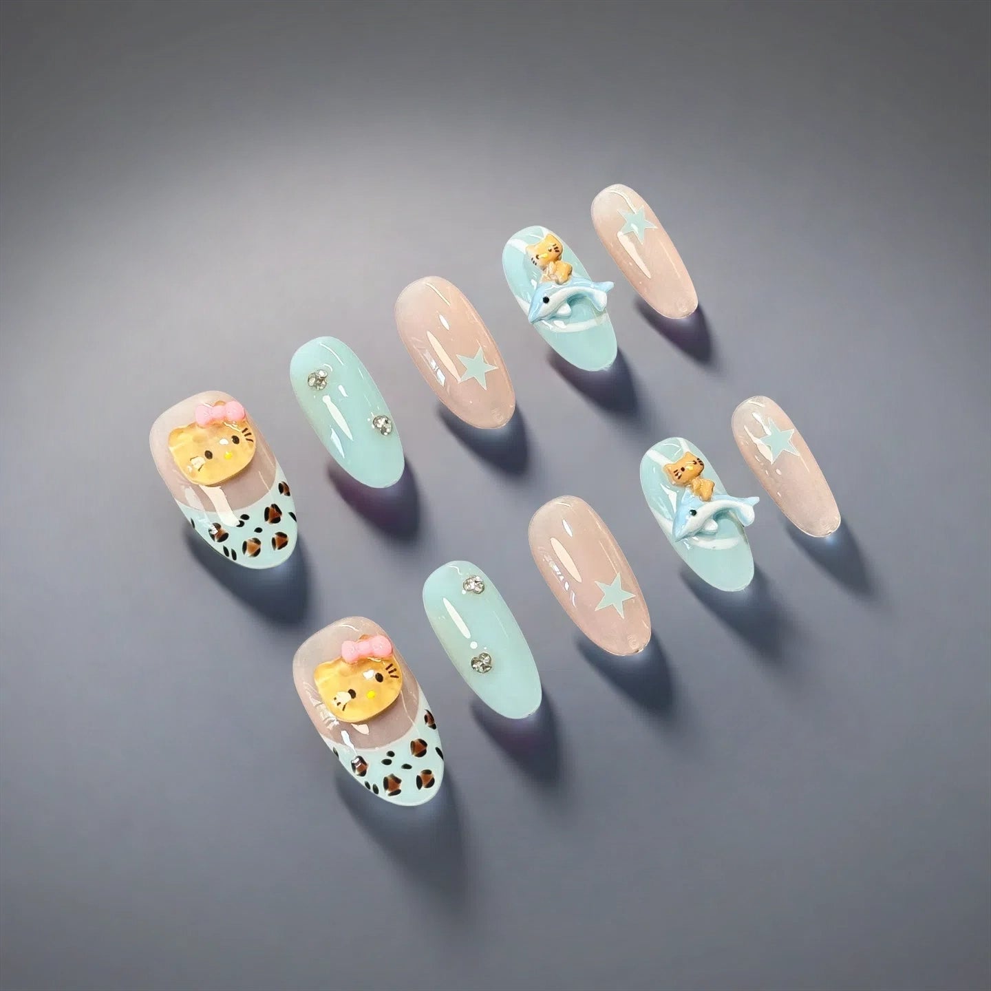 Kitty Adventure – 3D Cartoon Press-On Nails with Stars & Dolphins