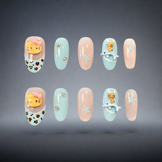 Kitty Adventure – 3D Cartoon Press-On Nails with Stars & Dolphins