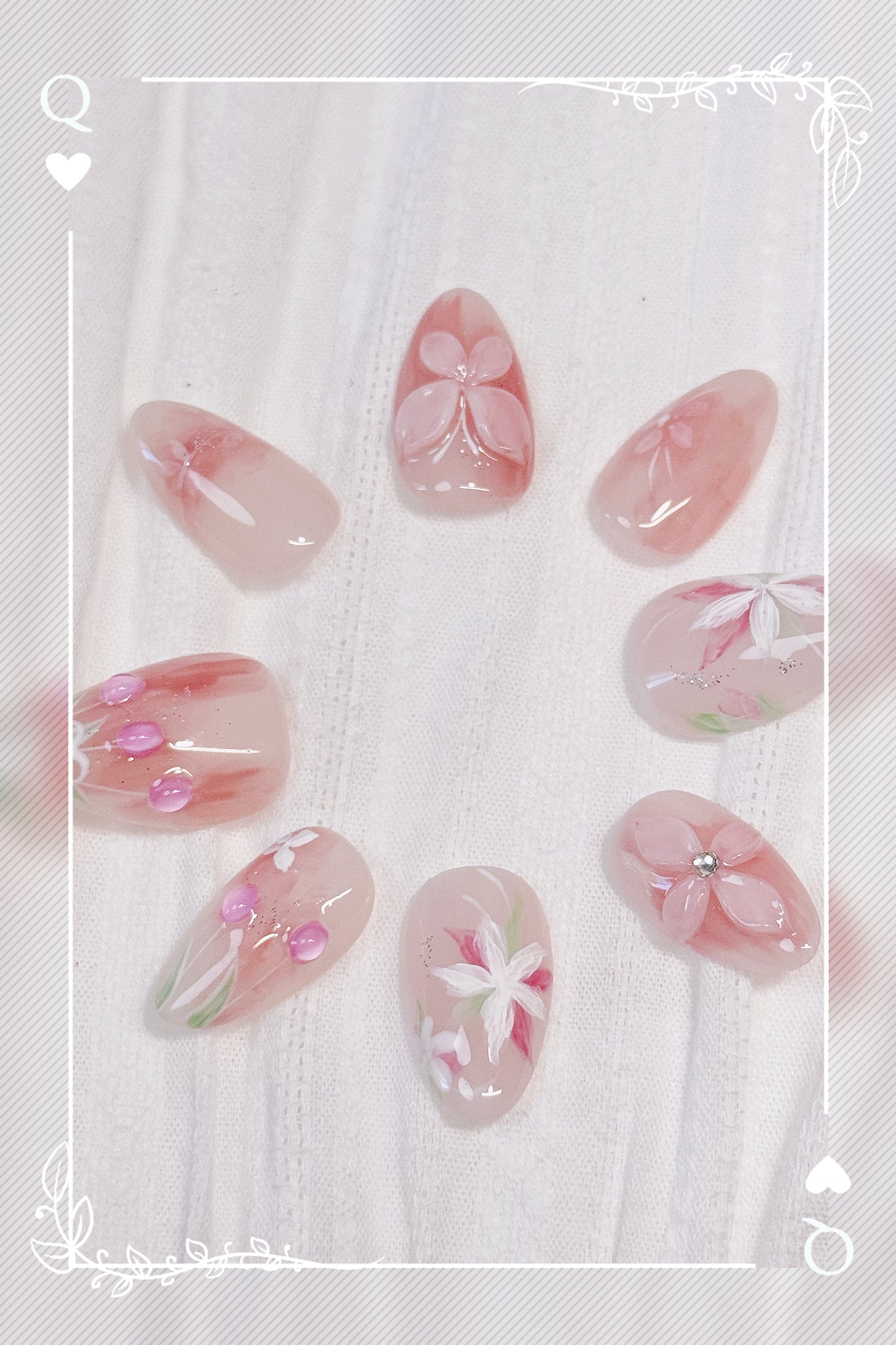 Blossom Garden Hand-Painted Floral Press-On Nails
