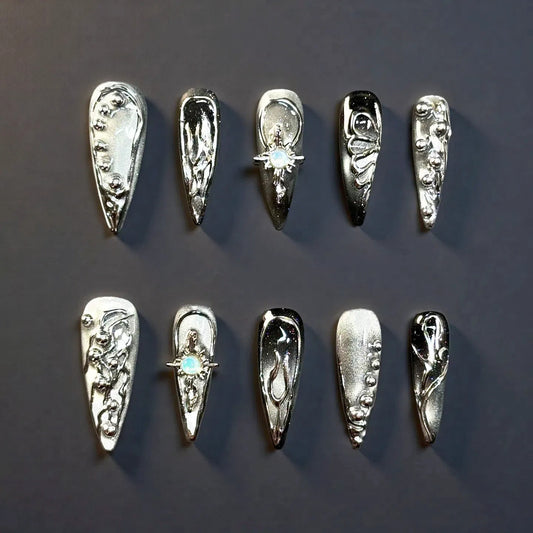 Chrome Black 3D Lava Nails with Opal Accent