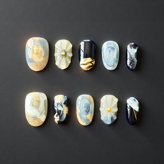 Midnight Ocean – Blue & Gold Marble Press-On Nails