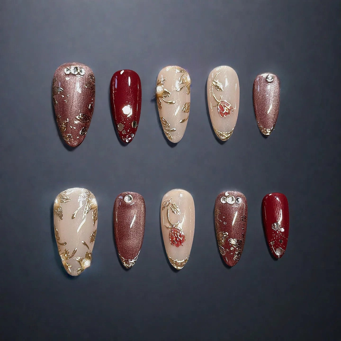 Blossom Elegance – Wine Red & Rose Nude Press-On Nails