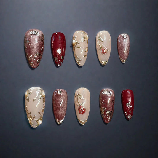 Blossom Elegance – Wine Red & Rose Nude Press-On Nails