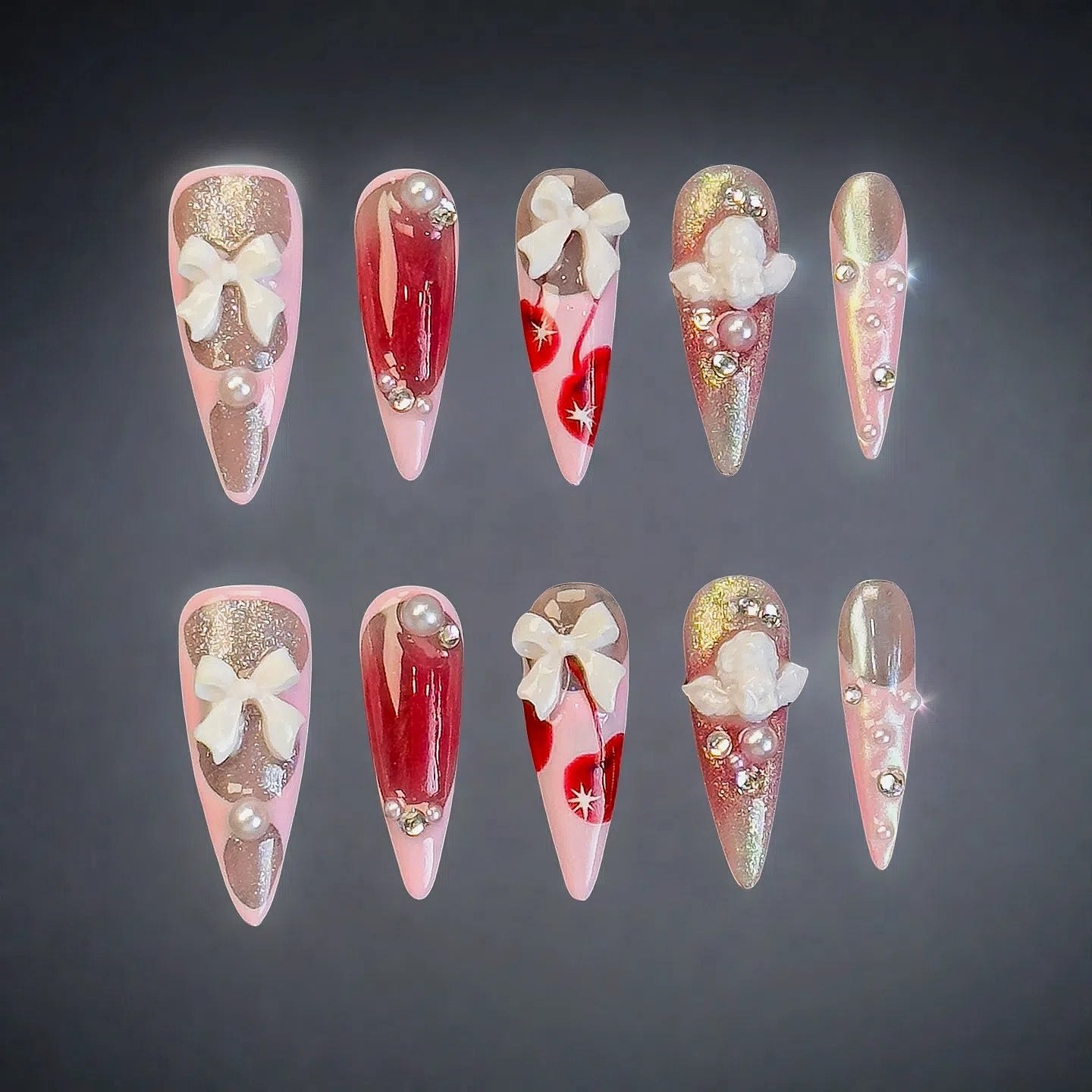 Glazed Cherry Crush Press-On Nails with 3D Bows