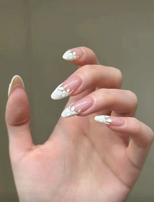 Petal Whisper – White Floral French Tip Press-On Nails