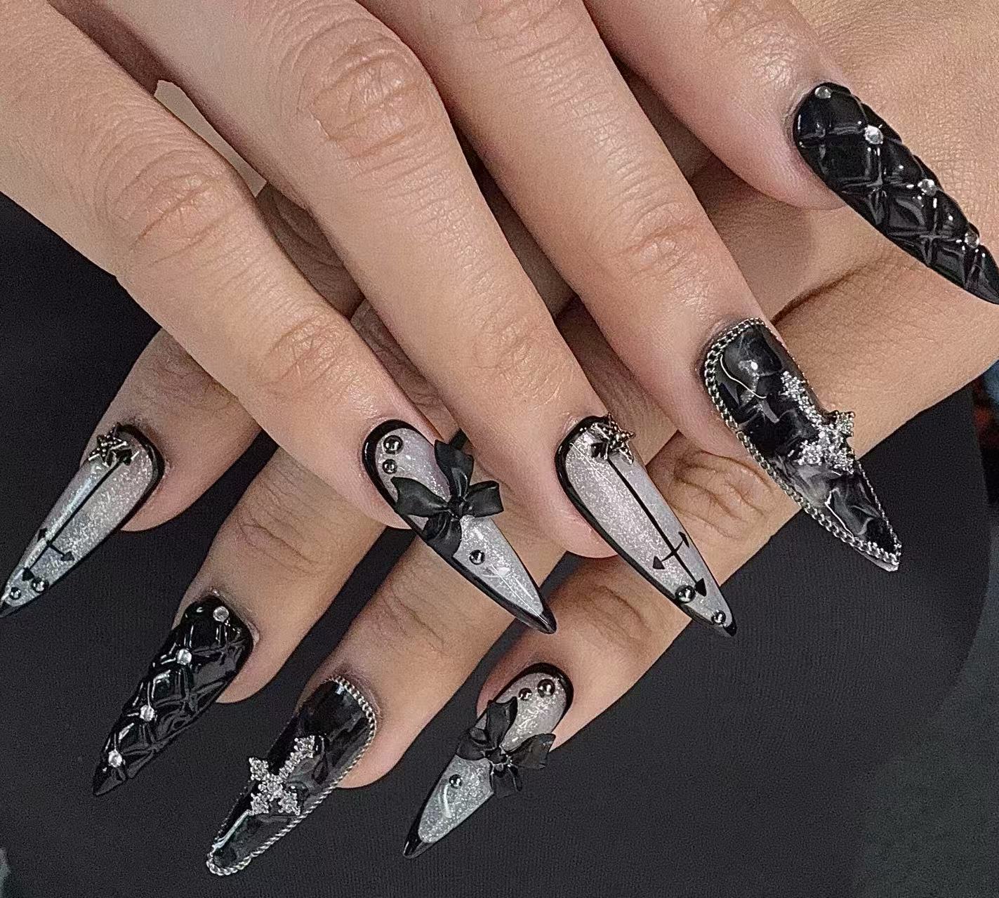 Gothic Doll – Black & White Charm Press-On Nails