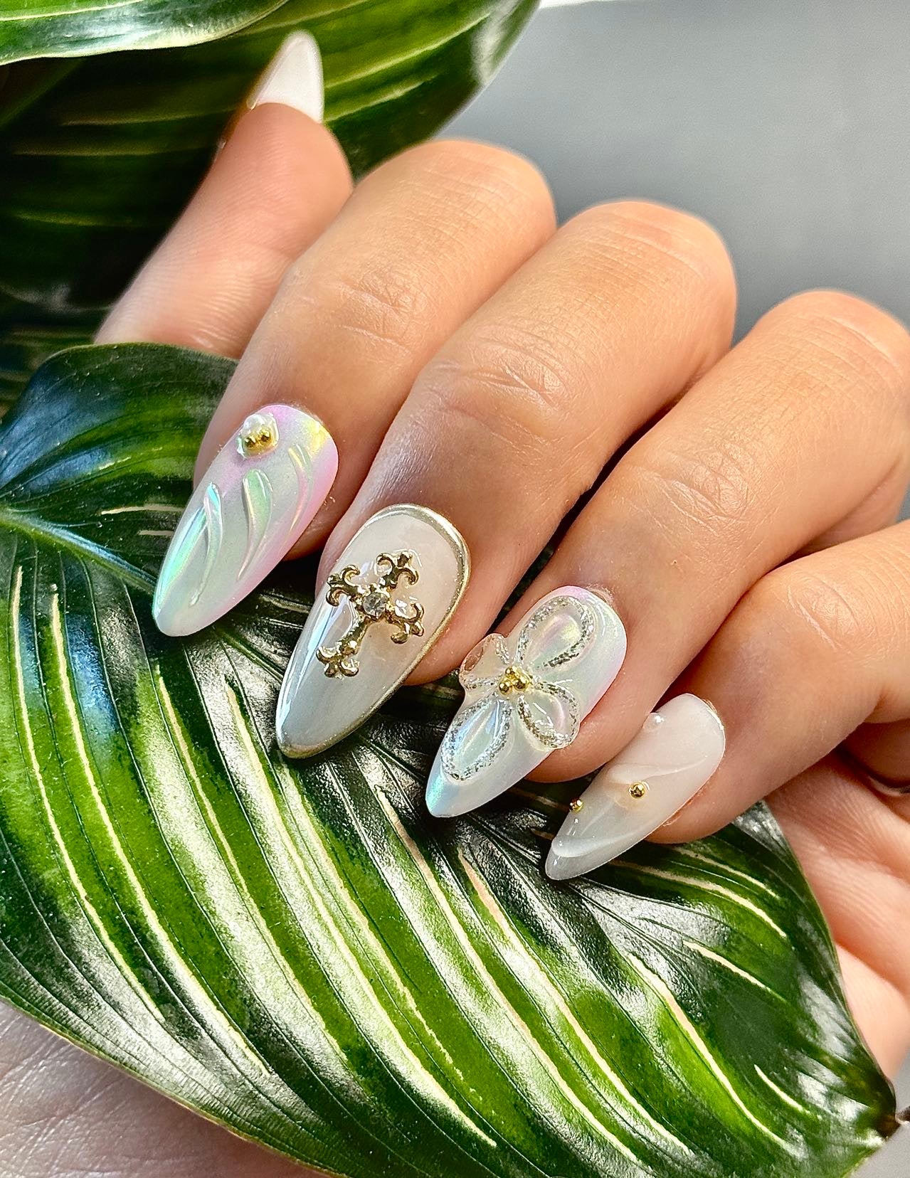 Iridescent Gold Cross & Flower Press-On Nails