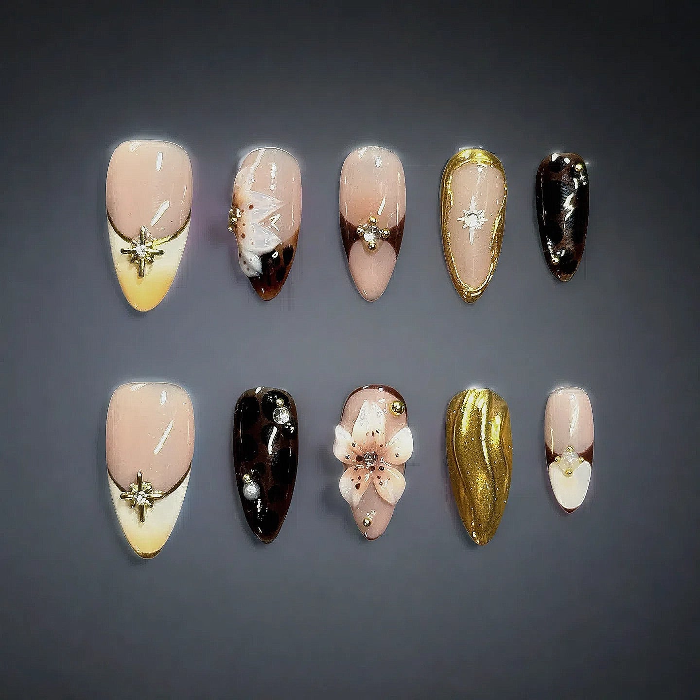 Elegant Tortoise Shell & Floral Gold Press-On Nails – 10PCS Set