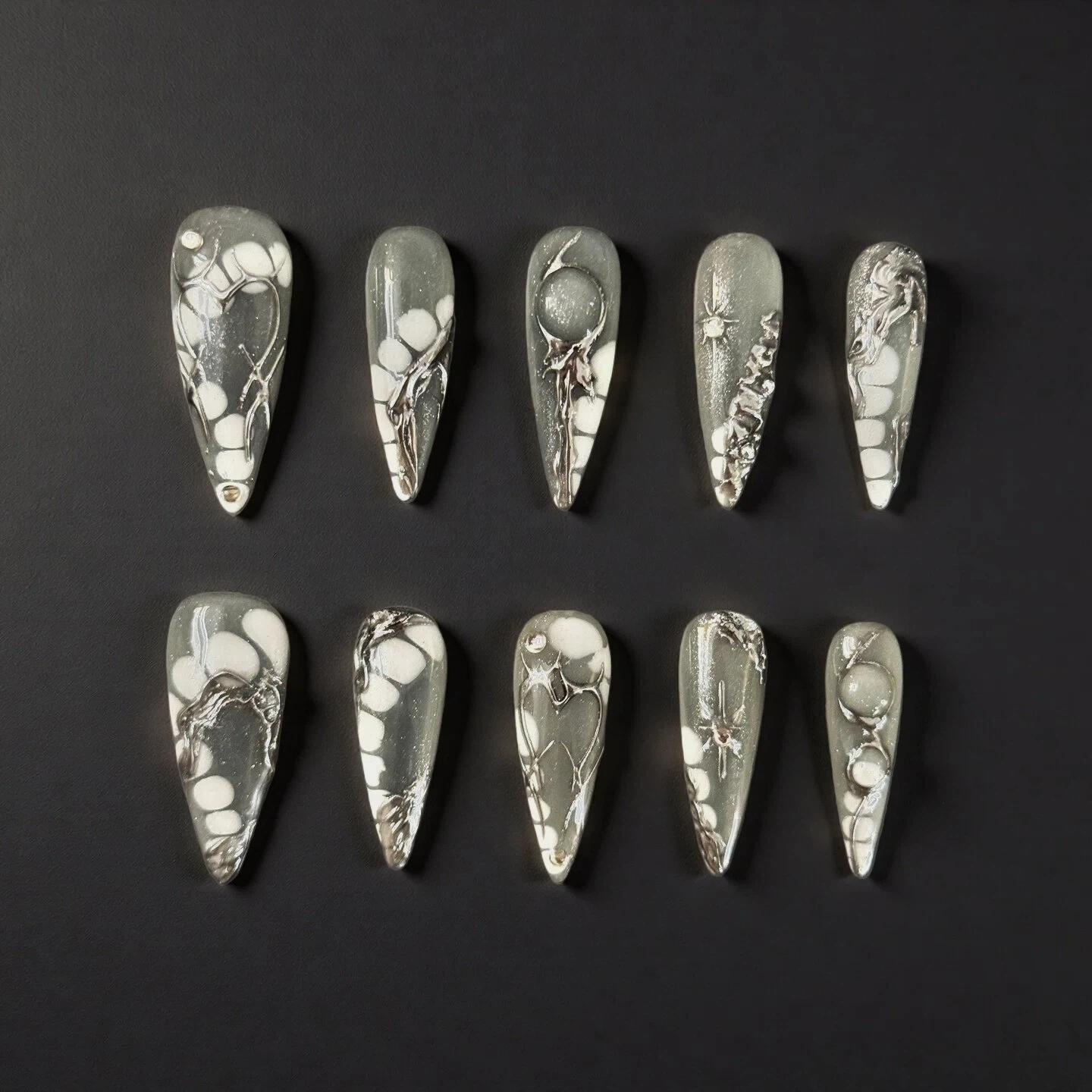 Silver Ice Galaxy Long Press-On Nails | Metallic 3D Line Art | Handmade Luxury Set