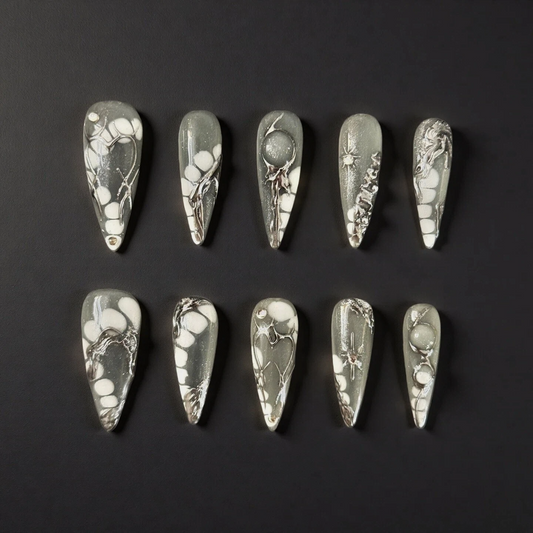Silver Ice Galaxy Long Press-On Nails | Metallic 3D Line Art | Handmade Luxury Set
