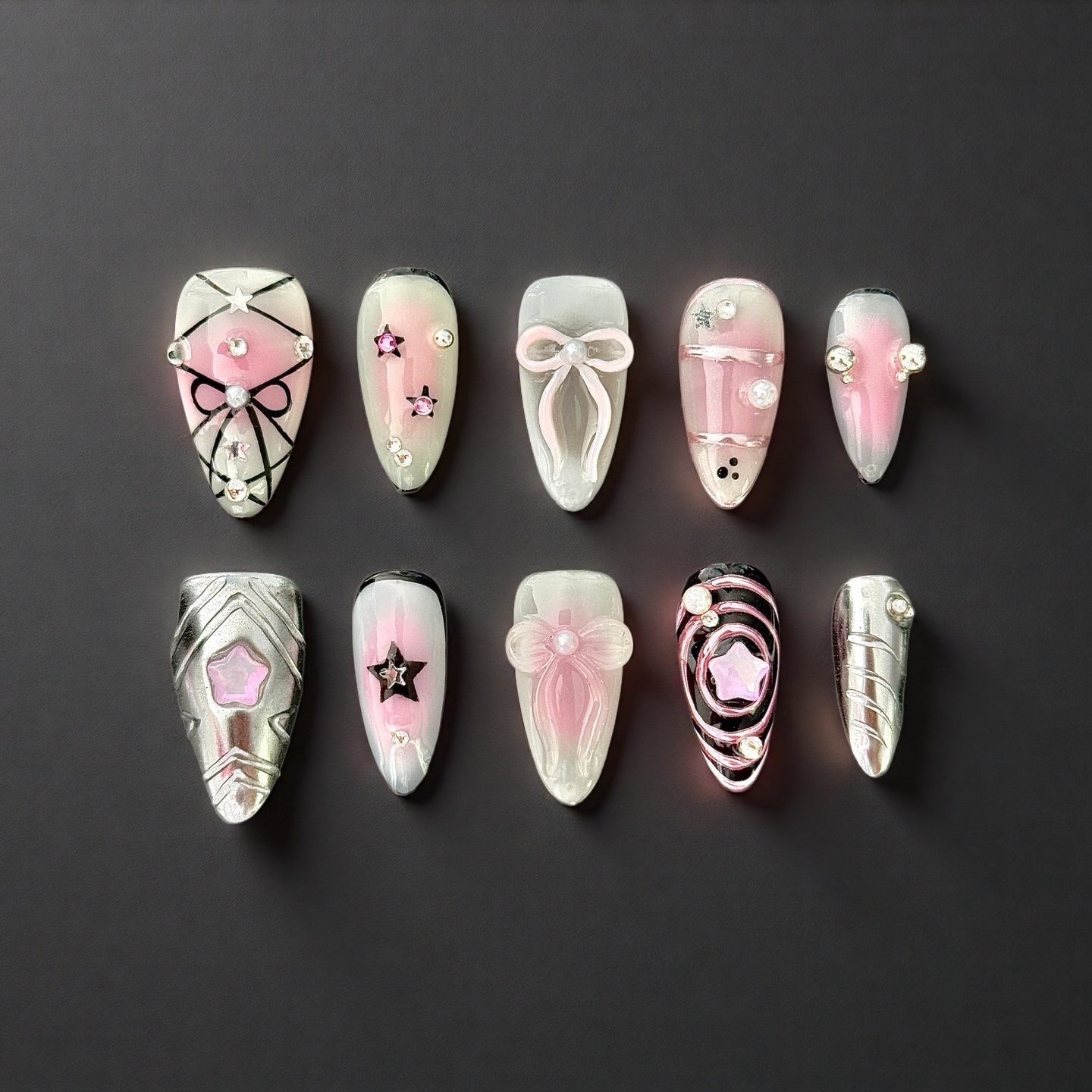 Pink & Silver Starry Bow Nail Art Set