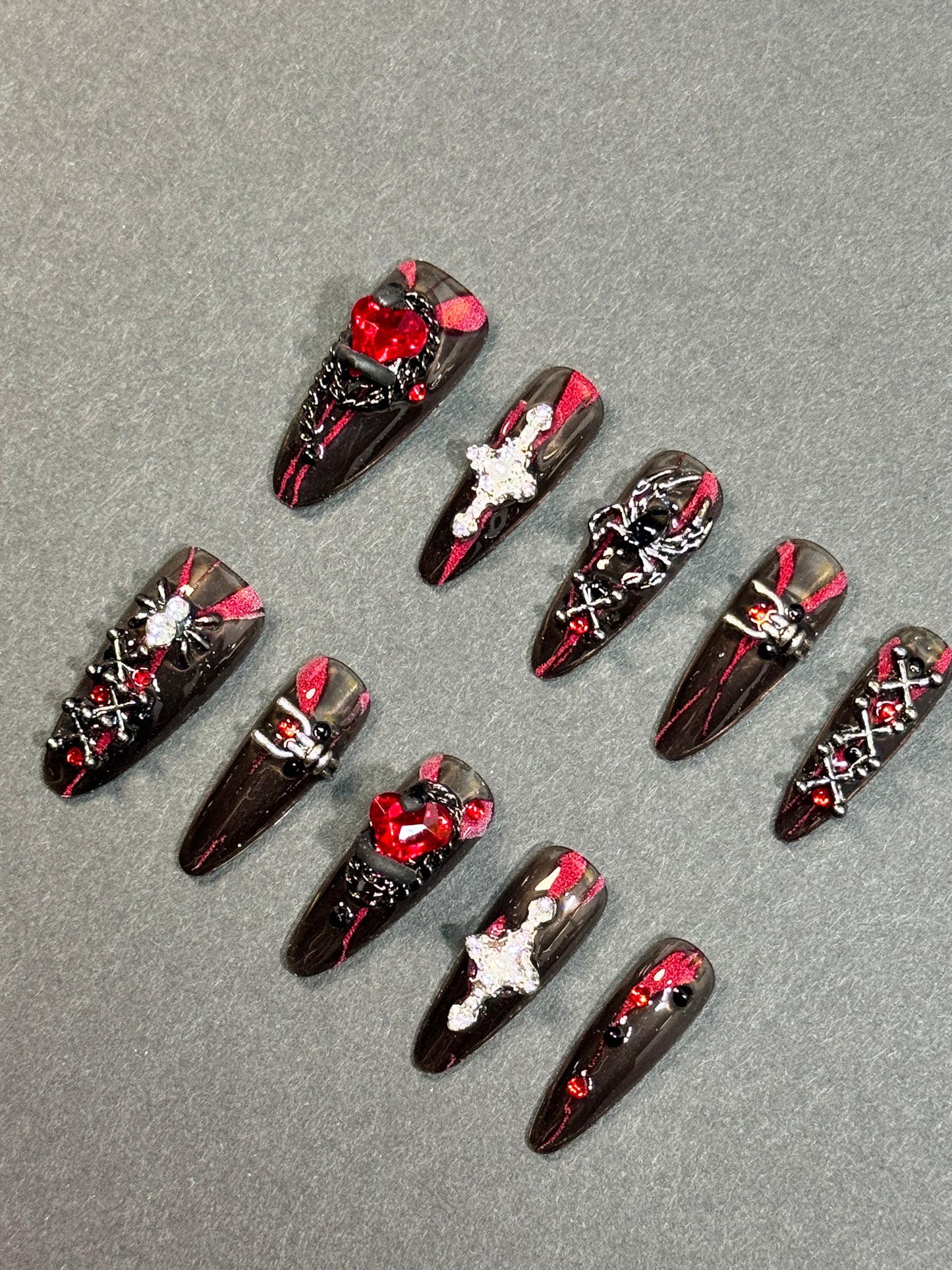 Gothic Red Heart & Cross Press-On Nails