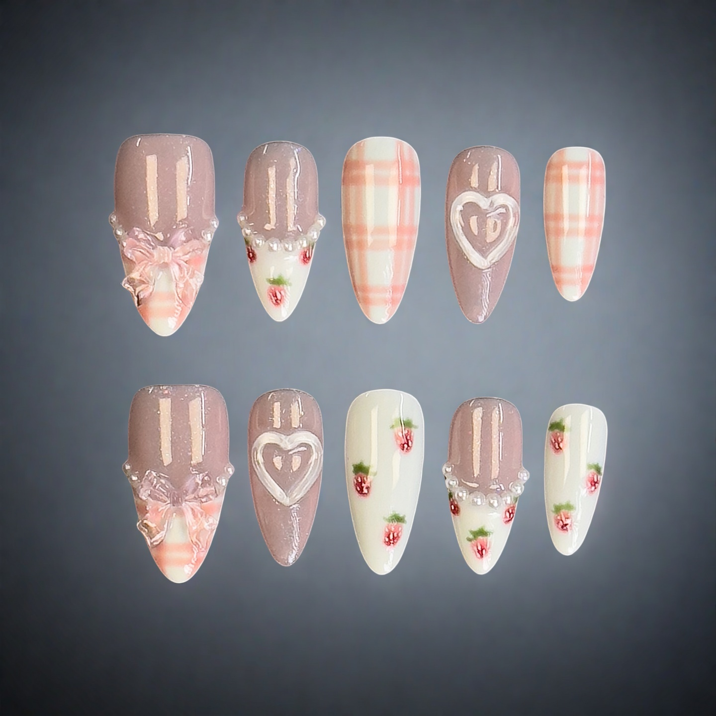 Strawberry Picnic Nail Set | Sweet Pink Plaid with 3D Hearts & Pearls
