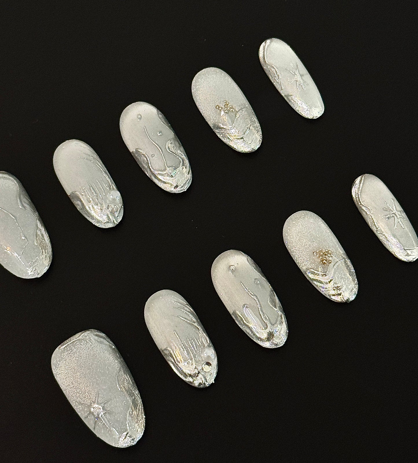 Silver Metallic 3D Texture Press-On Nails | Handmade Ice Chrome Set