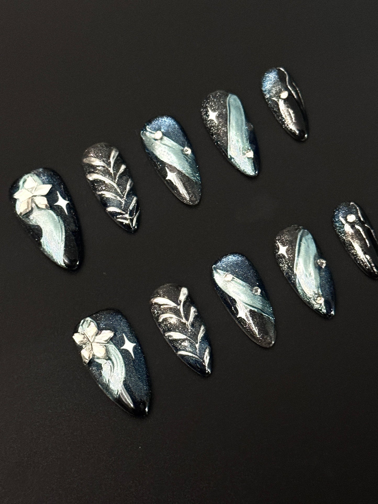 Galaxy Midnight Aurora Press-On Nails | 3D Star & Metallic Blue Design