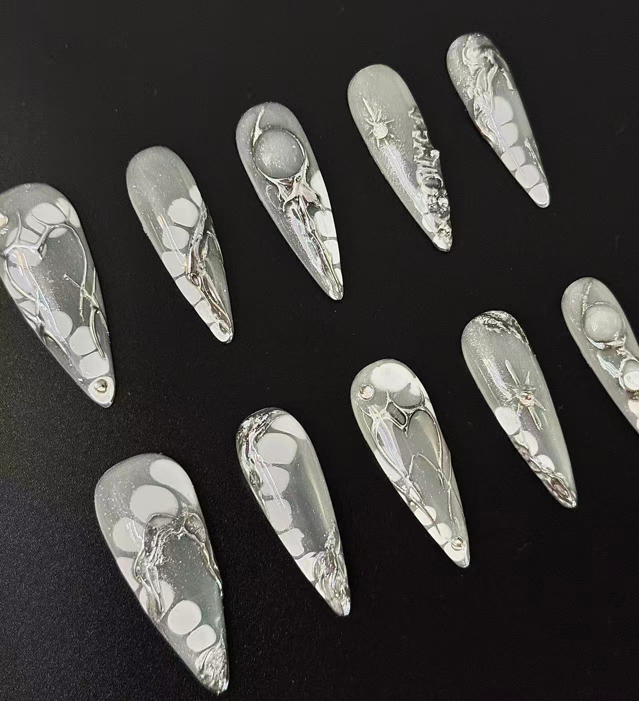 Silver Ice Galaxy Long Press-On Nails | Metallic 3D Line Art | Handmade Luxury Set