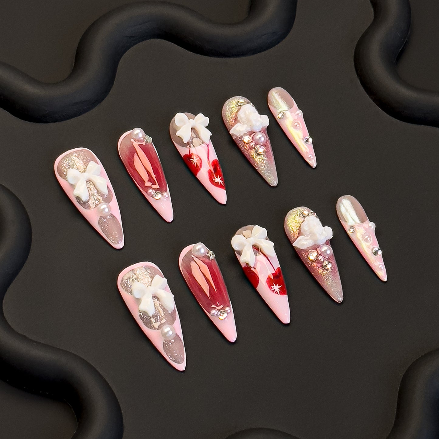 Glazed Cherry Crush Press-On Nails with 3D Bows