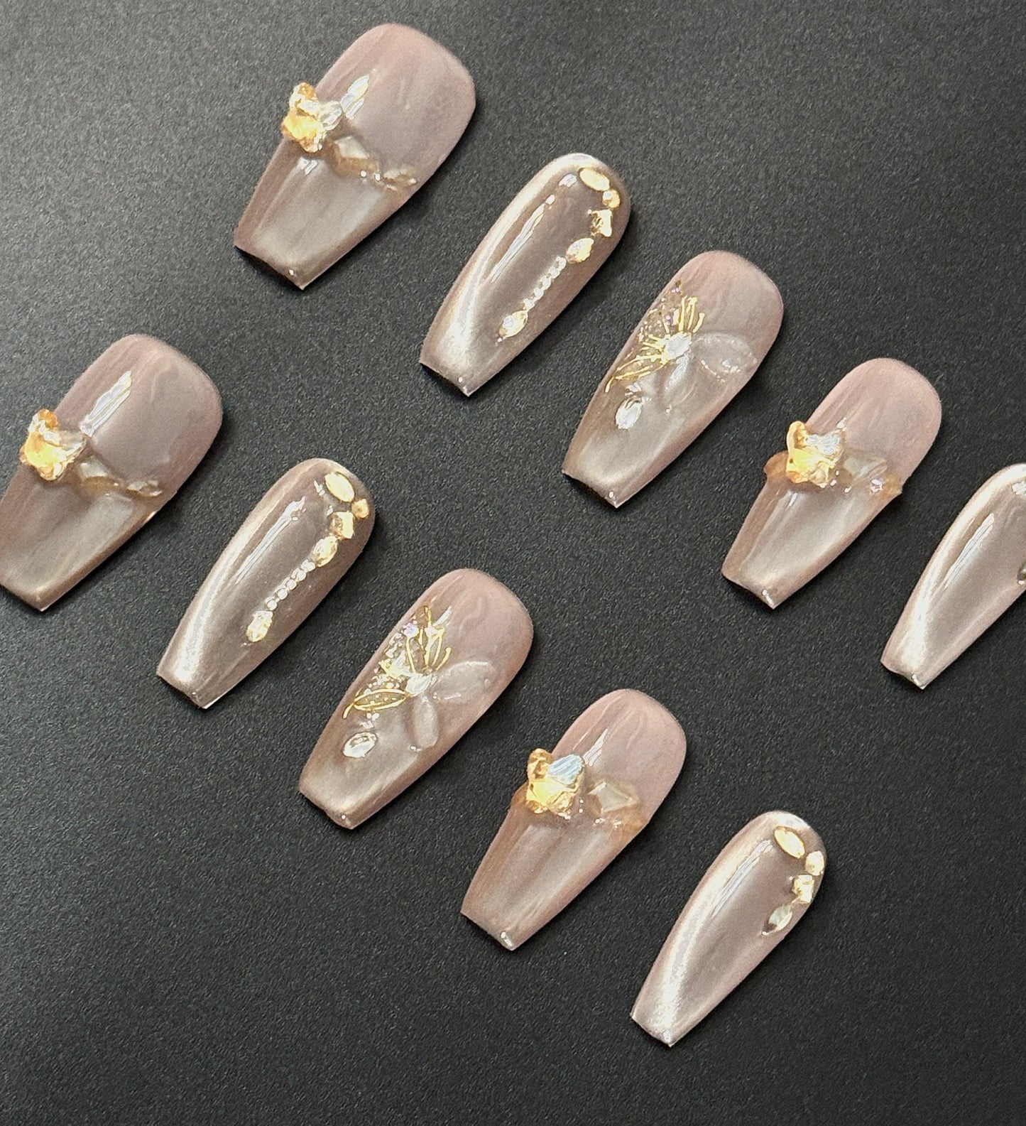 Champagne Nude Floral Press-On Nails | Elegant Handmade Luxury Set