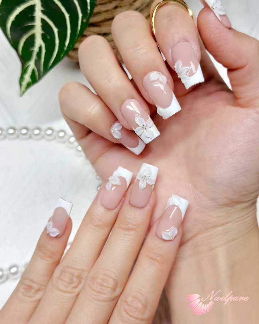 Elegant 3D White Blossom French Press-On Nails