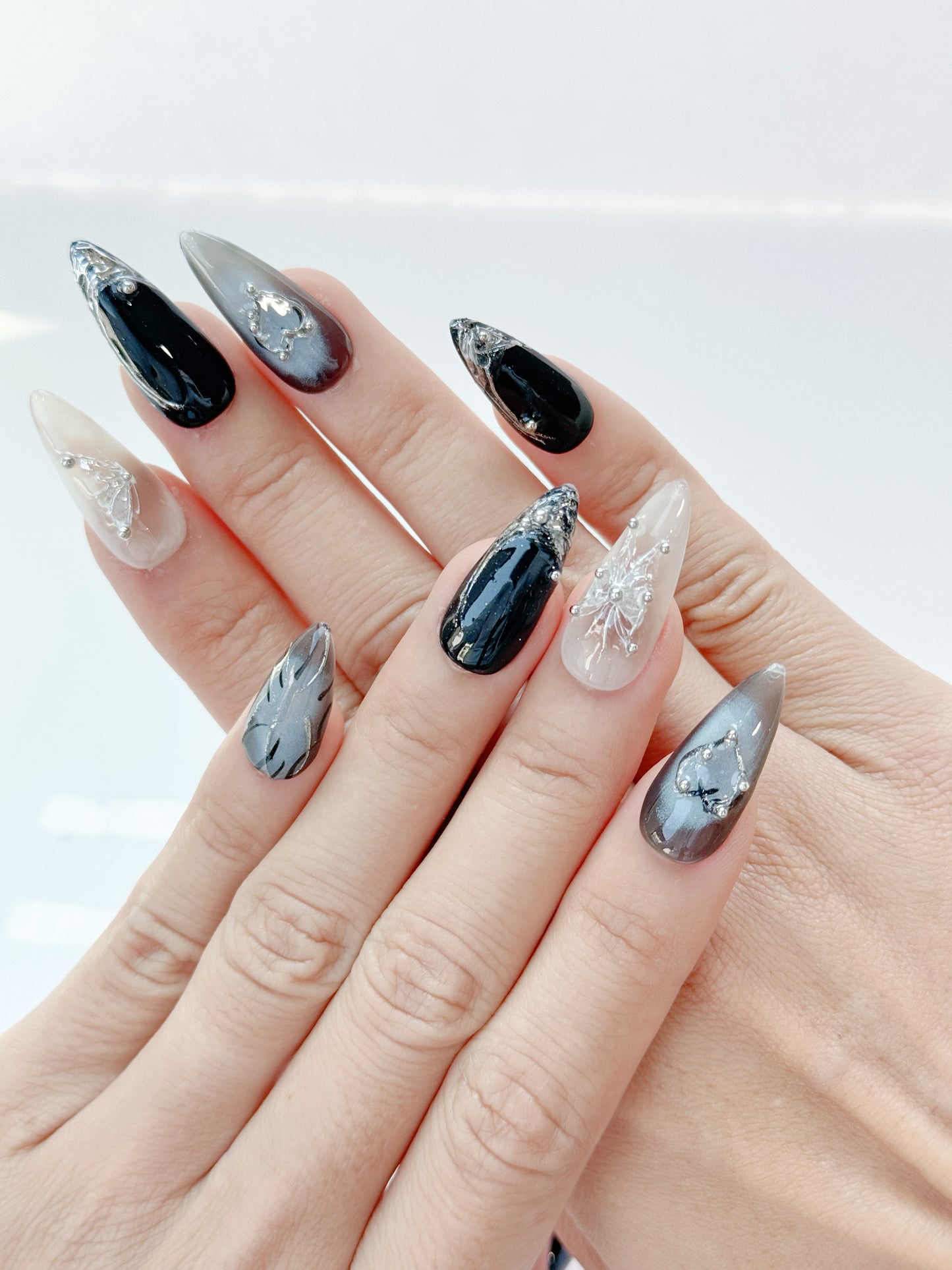 Mystic Butterfly Nail Set | Blue-Grey Gradient with 3D Hearts & Fairy Accents