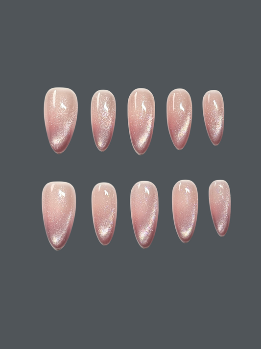 Iridescent Pink Cat Eye Press-On Nails – Glazed Almond Shape Set